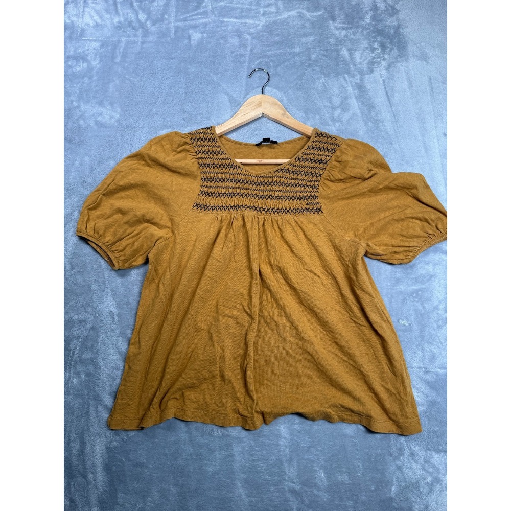 J.Crew Blouse Top Womens Medium Mustard Geometric Smocked Cotton Puff Sleeve